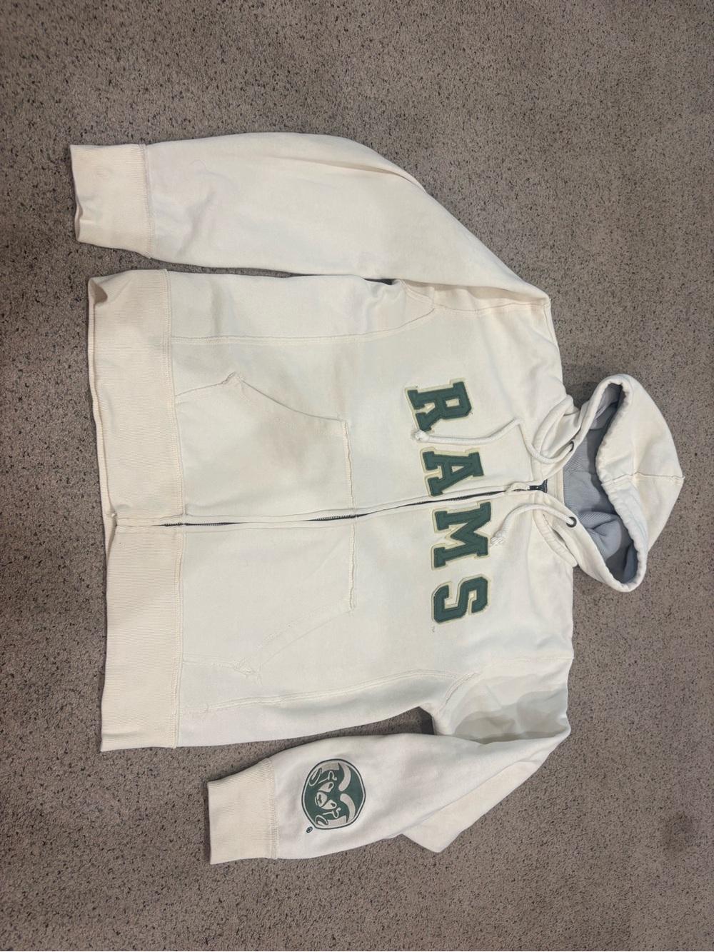 Campus Heritage Cream Zip-Up Hoodie with Green RAMS Appliqué